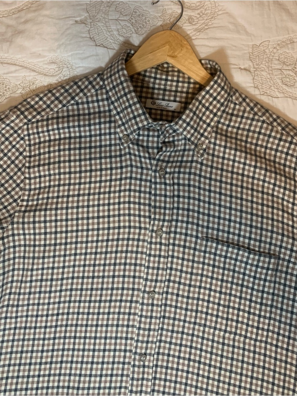 Loro Piana Brown and Cream Checked Button-Down Shirt Mens Size XL Logo Appliqué - Picture 5 of 8